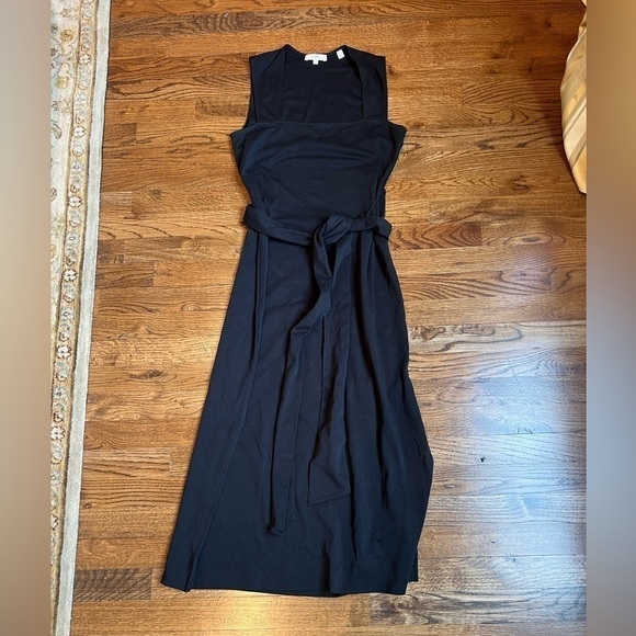 VINCE Black 100% cotton square neck belted midi dress size small - Picture 8 of 15